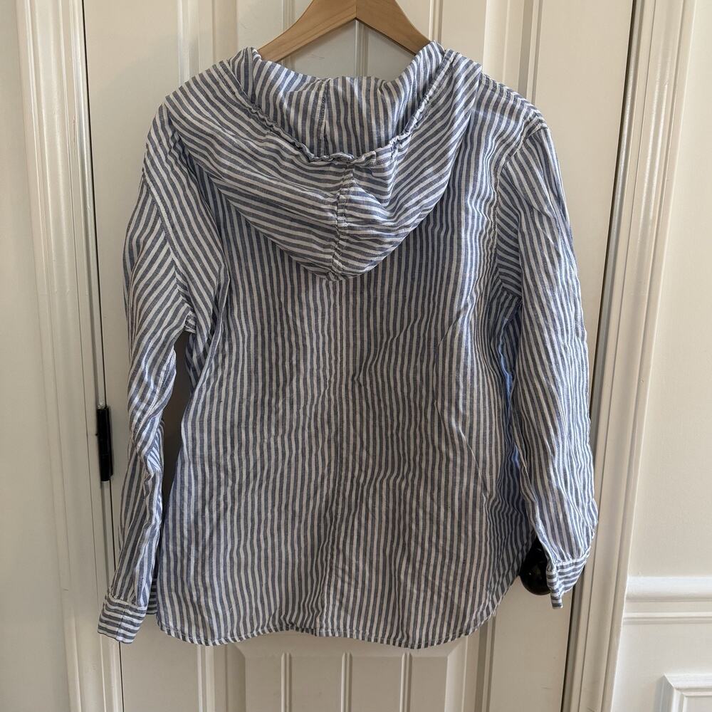 Tahari 100% Linen Tunic Blouse Blue Stripe Women’s Size Medium Has Hood - Picture 6 of 9